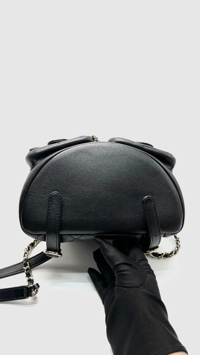 Preowned. Chanel Mini Duma Pockets Drawstring Backpack Black GHW. HL1N3P39|16558