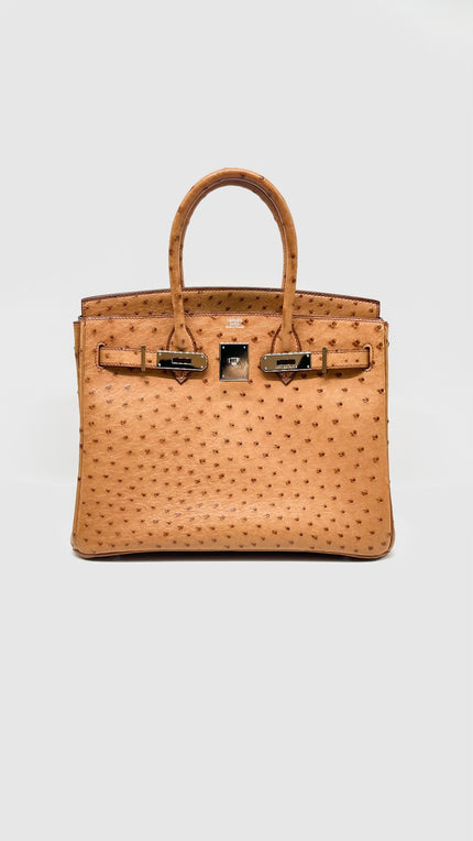 Preowned. Hermes Birkin 30 Ostrich Cognac PHW. J Square K19|11183