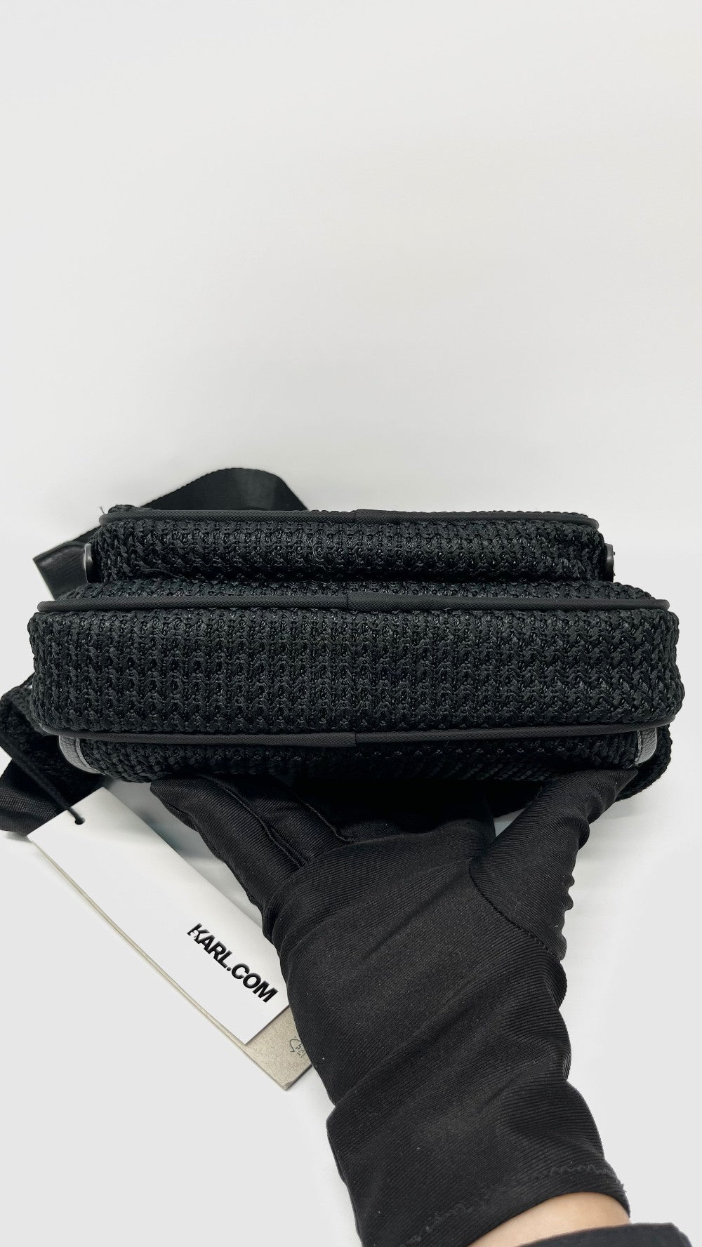 Brand New. Karl Lagerfeld Paris Voyage Knit Belt Black Bag|12014