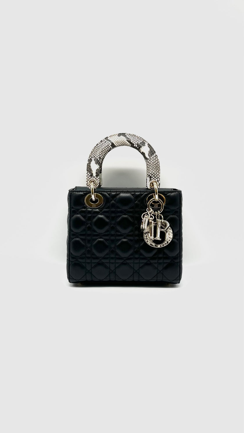 Like New. Lady Dior Small Black Lambskin with Snakeskin Top Handle GHW. 02MA0254|14674