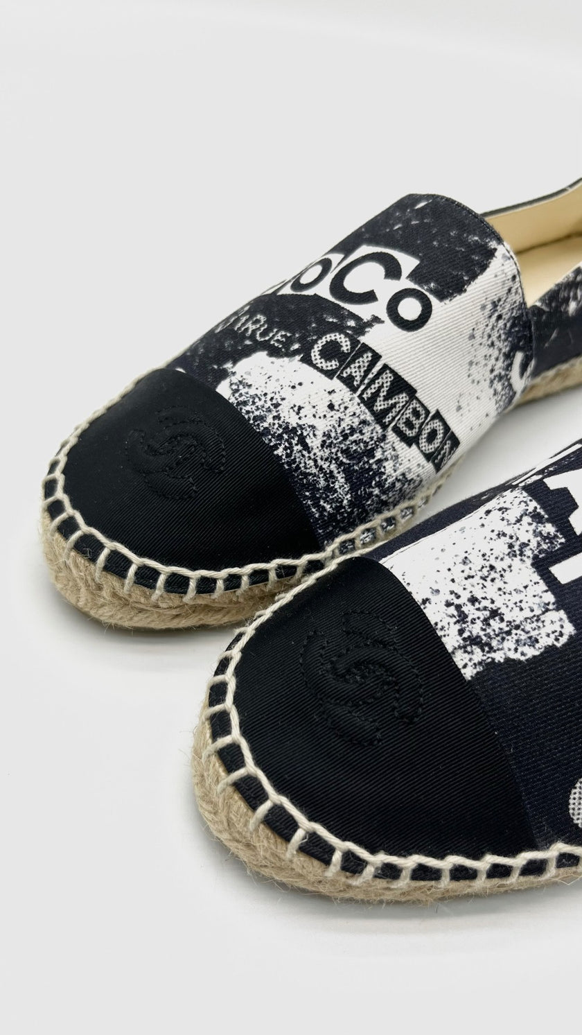 Brand New. Chanel Espadrilles Printed Canvas Grosgrain Black/White. 39|15763
