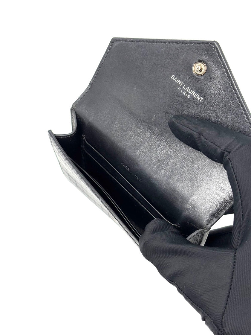 Preowned. YSL Coin/Card Holder Flap Black Croc|7142