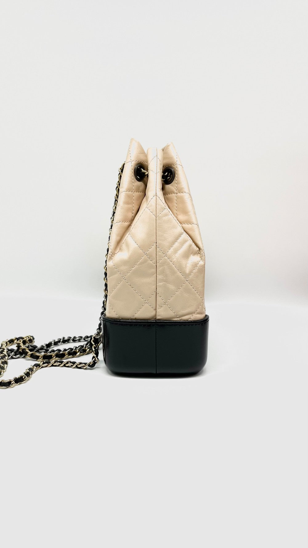 Preowned. Chanel Small Gabrielle Backpack Clafskin Beige/Black Mixed Metal. 25376023|10366