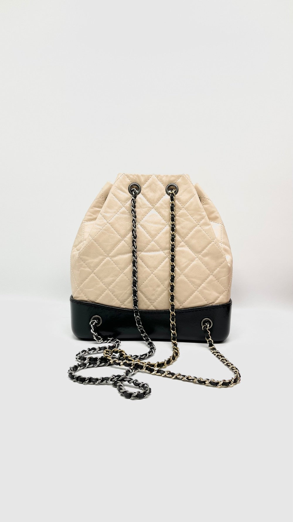 Preowned. Chanel Small Gabrielle Backpack Clafskin Beige/Black Mixed Metal. 25376023|10365