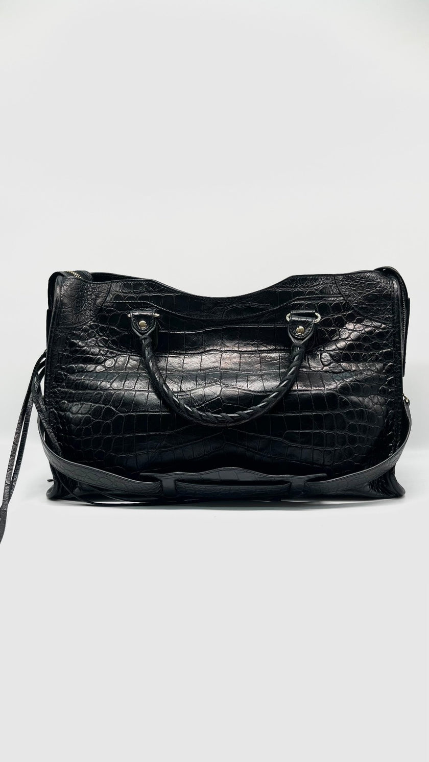 Preowned. Balenciaga City Black Croc Embossed Medium GHW|11436