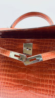 Preowned. Hermes Kelly 28 Croc Orange PHW. H Square Q2509|11528