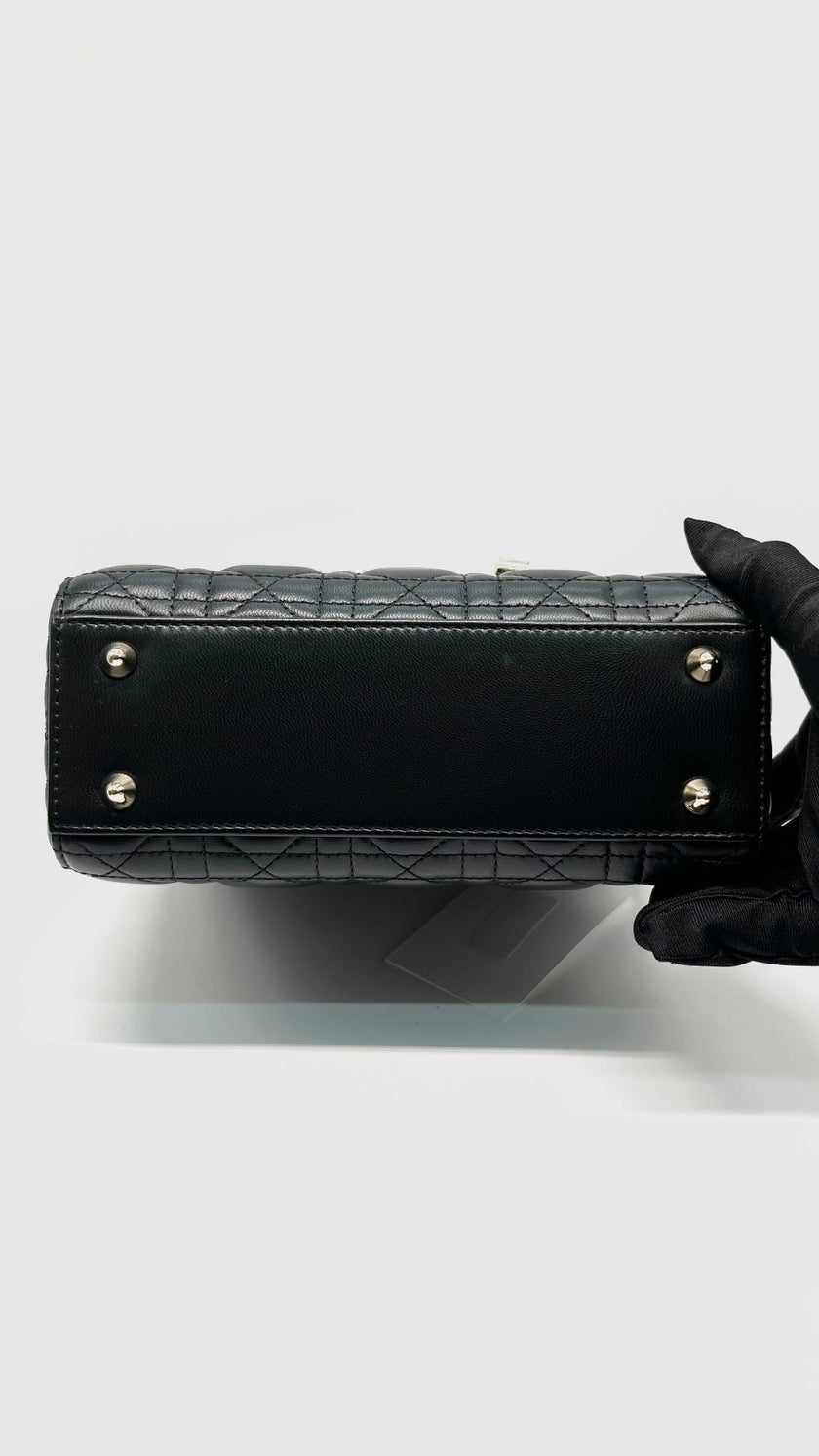 Like New. Lady Dior Small Black Lambskin with Snakeskin Top Handle GHW. 02MA0254|14680