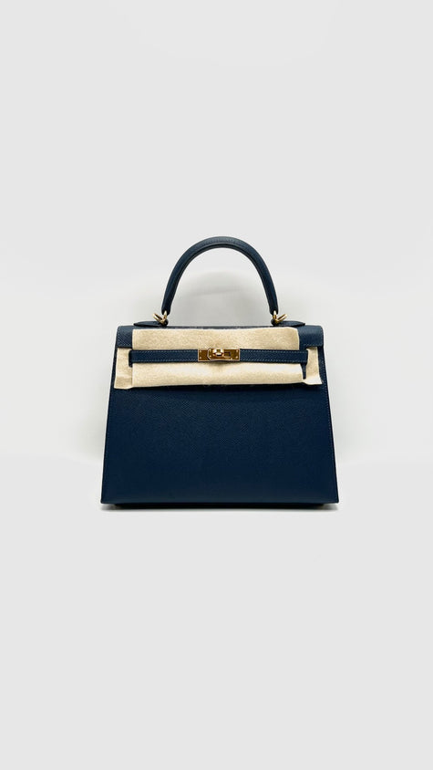 Preowned. Hermes Kelly 25 Blue De Prusse Epsom Sellier GHW. WHA469KY|16005