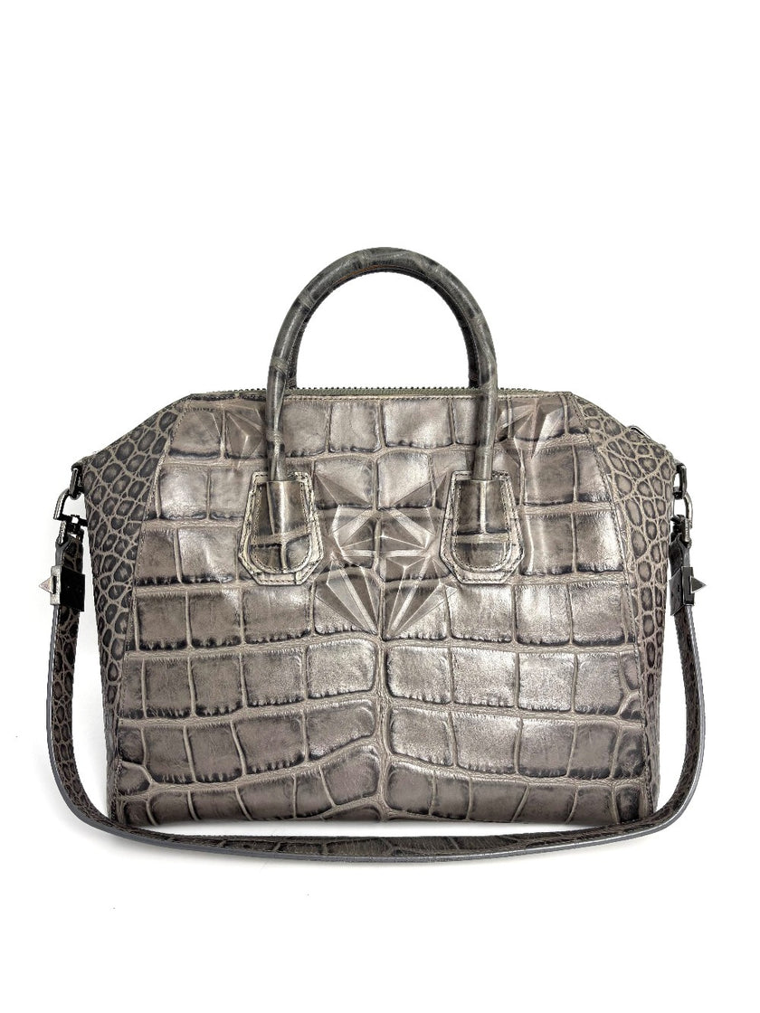 Preowned. Givenchy Antigona Medium Crocodile Embossed Leather Gray/Black Ruthenium. 3C0153|13282