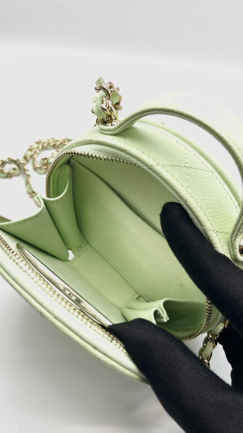 Brand New. Chanel Quilted Round Handle With Care Vanity Chain Light Green Caviar GHW. 31775245|15543