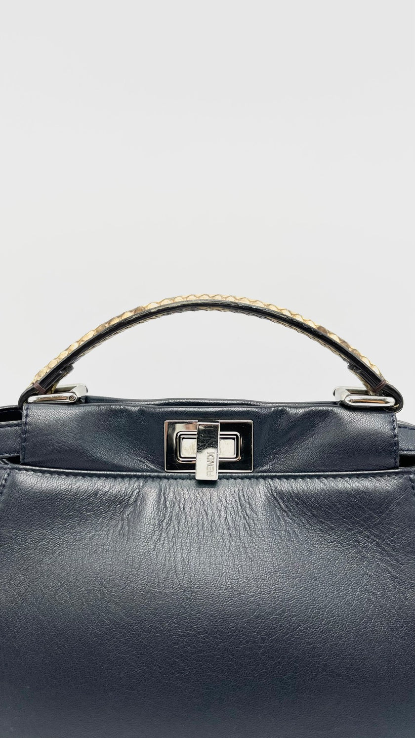 Preowned. Fendi Peekaboo Mini Black Phyton Handle SHW|15663