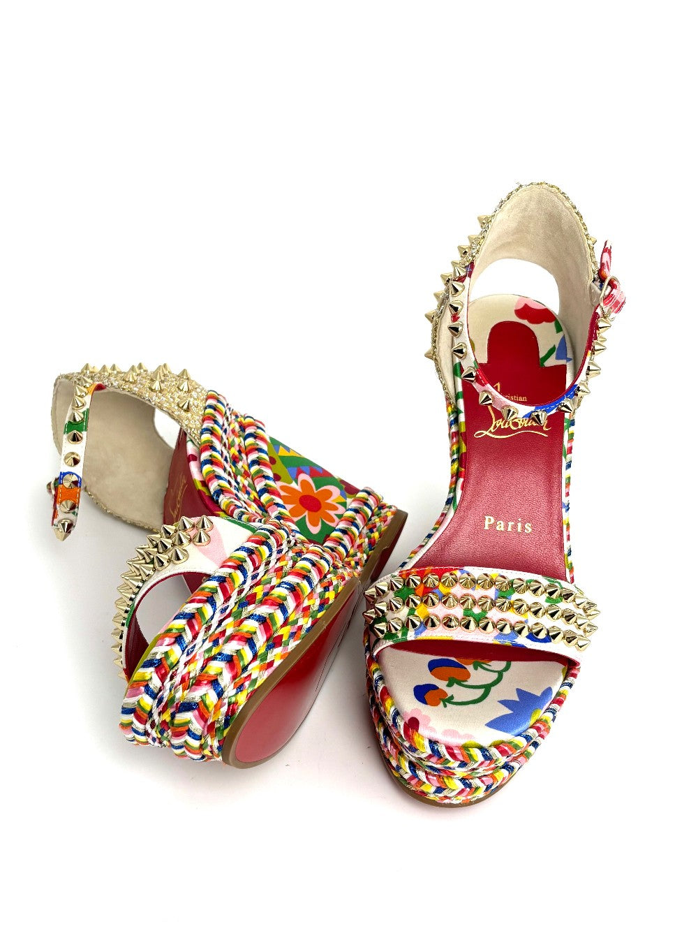Brand New. Christian Louboutin Madmonica Espadrille Wedge Multicolor Gold Studded. 37|12364