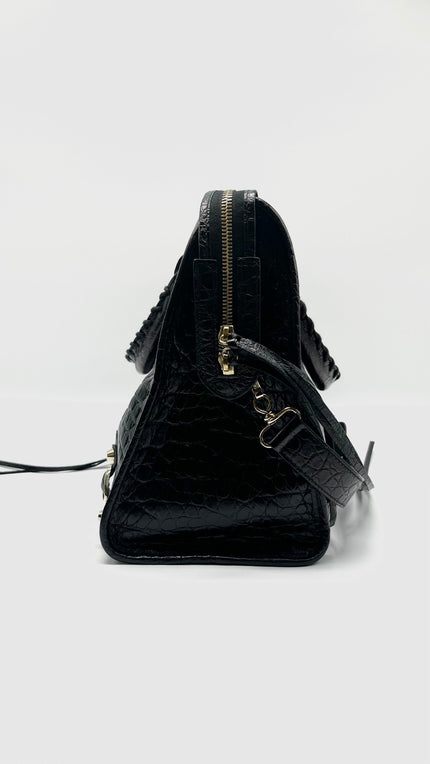 Preowned. Balenciaga City Black Croc Embossed Medium GHW|11433