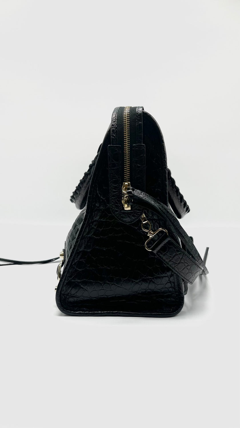 Preowned. Balenciaga City Black Croc Embossed Medium GHW|11433