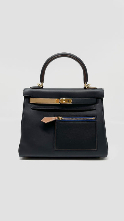 Brand New. Hermes Kelly 25 Colormatic Blue/Black/Chai/Etoupe/Gold Swift. UST494UA|4943