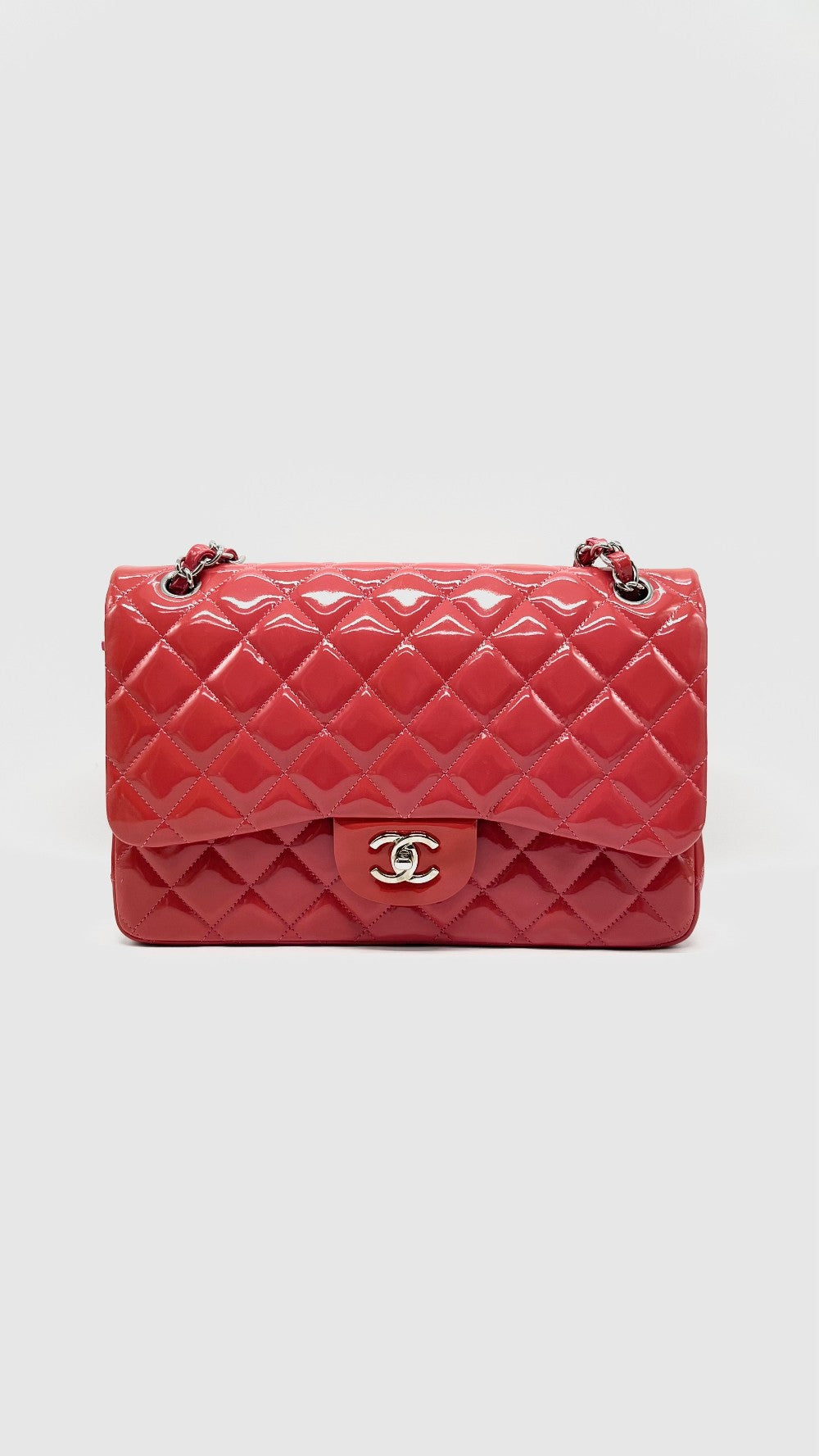 Preowned. Chanel Double Flap Jumbo Pink Patent Leather SHW. 14433520|15228