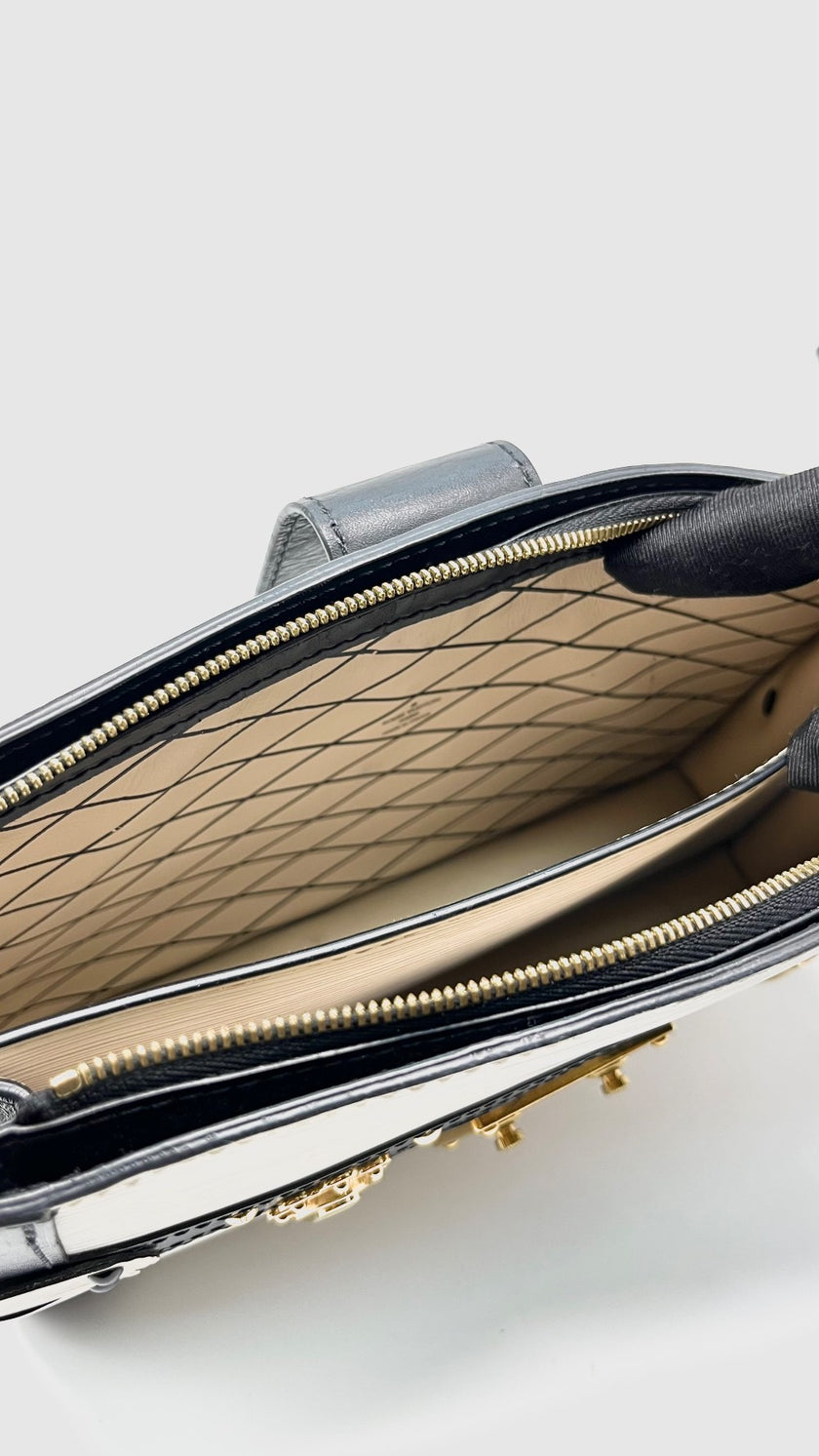 Preowned. LV Epi Trunk Clutch White/ Black GHW. MCHP|15091