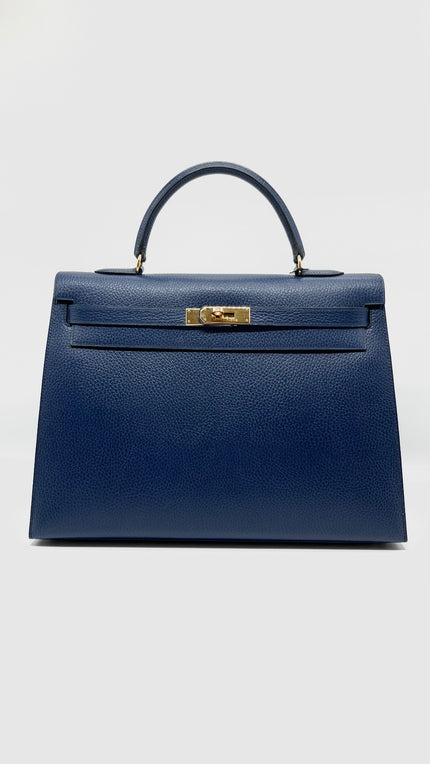 Preowned. Hermes Kelly 35 Blue Sapphire. Circle Z84|5248