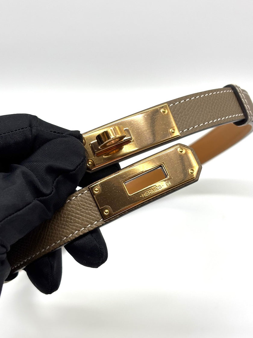 Brand New. Hermes Kelly Belt Etoupe RGHW. BID001CF|8864