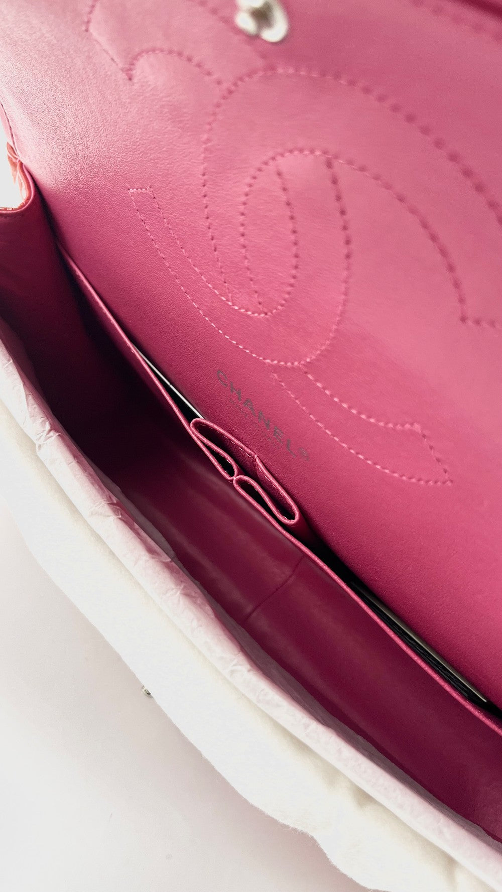Preowned. Chanel Double Flap Jumbo Pink Patent Leather SHW. 14433520|15234