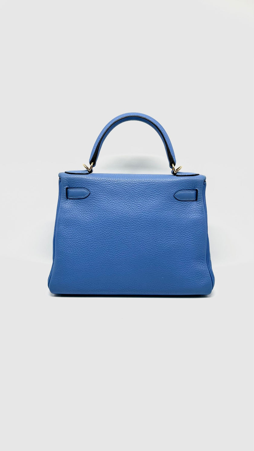 Preowned. Hermes Kelly 28 Blue Paradis Clemence GHW. RMI30|13572