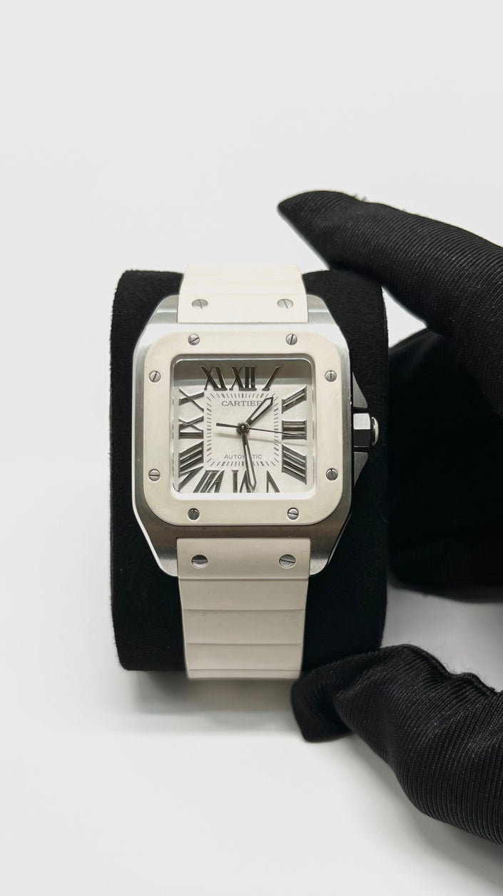 Preowned. Cartier Santos White Dial Roman White Rubber Strap 36MM|5691