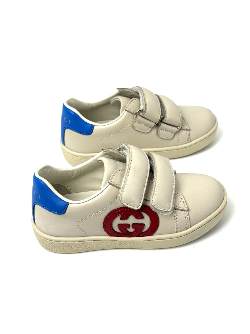 Preowned. Gucci Interlocking G Ace Kids Sneakers White/Red/Blue. 23|7639