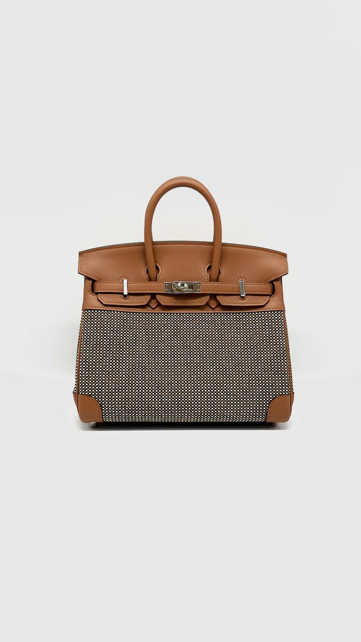 Brand New. Hermes Birkin 25 Gold Toile Quadrille Swift PHW. BCT598AG|14139