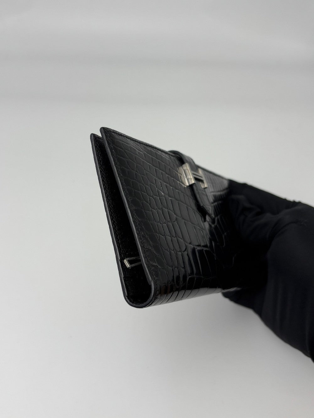 Preowned. Hermes Bearn Wallet Croc Black. Q|6966