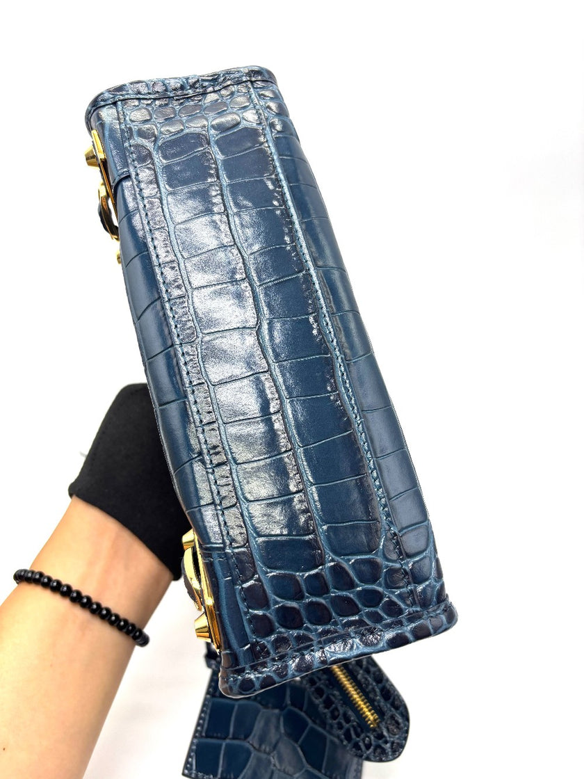 Unused. Balenciaga Metallic City Edge Mini Croc Blue GHW|17461