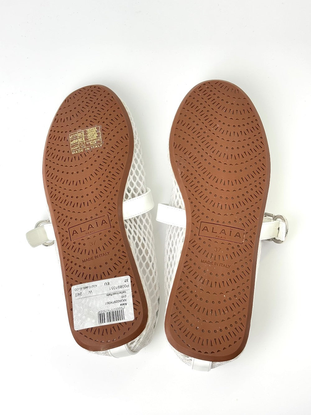 Brand New. Alaia Ballet Flats Fishnet Patent White Calfskin. 37|7360