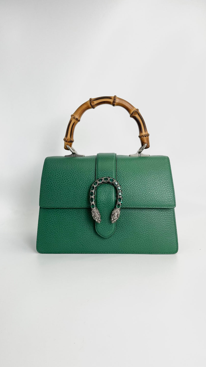 Preowned. Gucci Horsebit Bamboo Top Handle Green. 448075-591693|4438