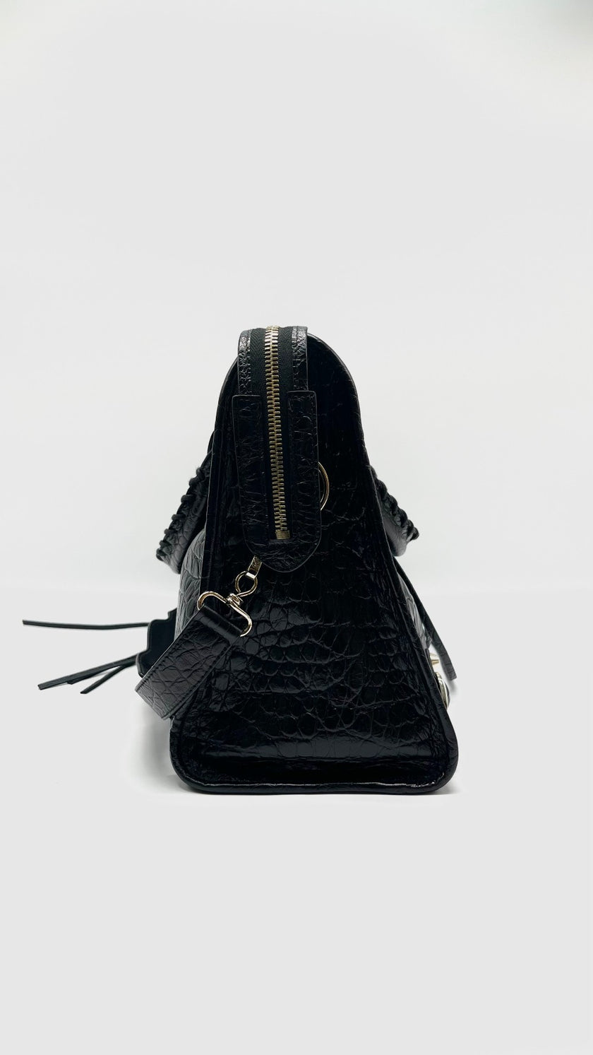 Preowned. Balenciaga City Black Croc Embossed Medium GHW|11435