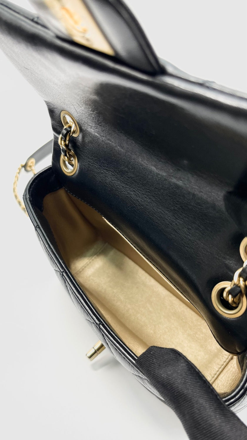 Preowned. Chanel Mini Square Flap Black Calfskin GHW. XJ2X9N68|14174