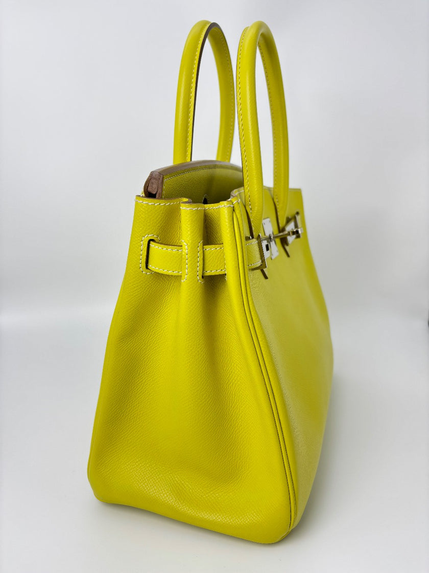 Preowned. Hermes Birkin 30 Bicolor Lime/Gris Epsom PHW. O124.S|3470