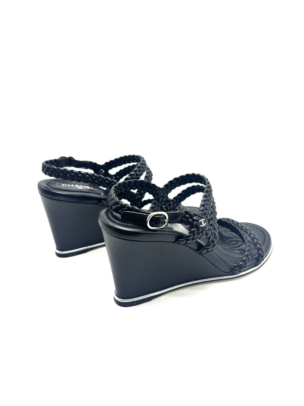 Preowned. Chanel Braided Wedge Black. 37.5|17048