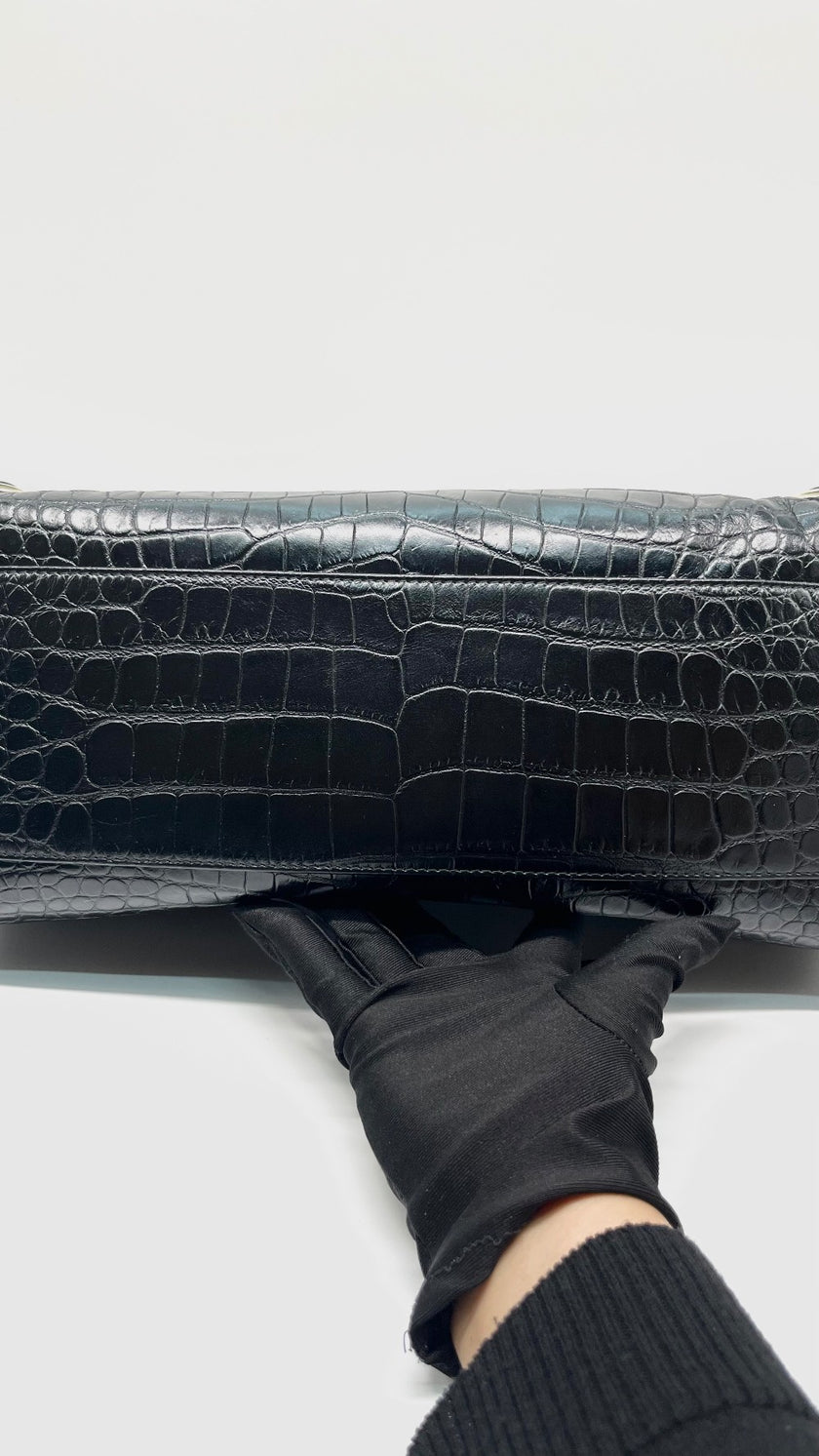 Preowned. Balenciaga City Black Croc Embossed Medium GHW|11437