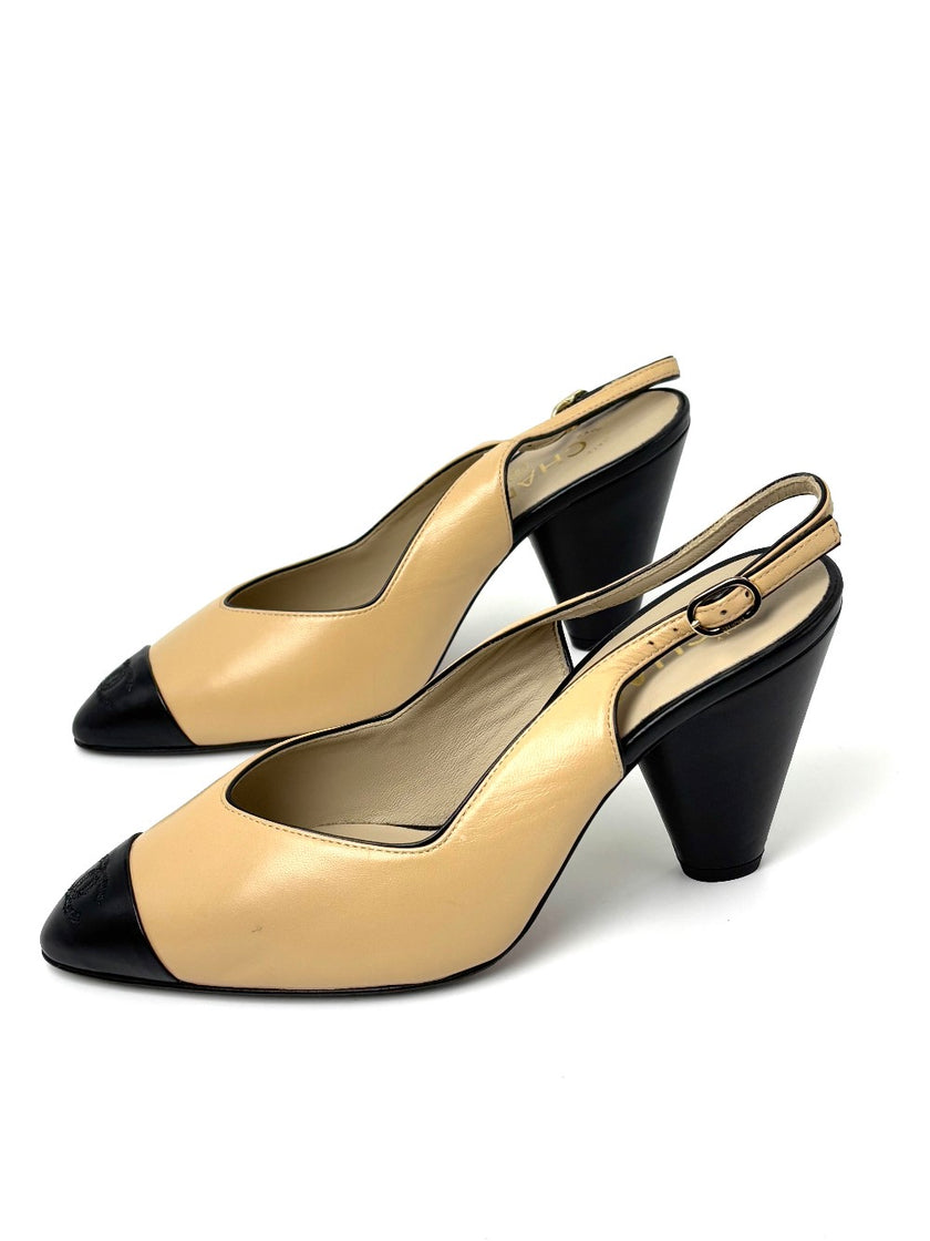 Brand New. Chanel Slingback Low Heel Beige Gold. 37.5|7669