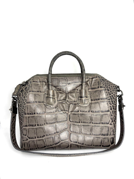 Preowned. Givenchy Antigona Medium Crocodile Embossed Leather Gray/Black Ruthenium. 3C0153|13276