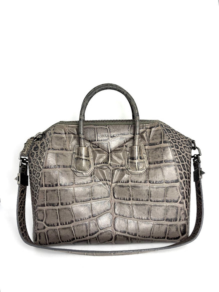 Preowned. Givenchy Antigona Medium Crocodile Embossed Leather Gray/Black Ruthenium. 3C0153|13276