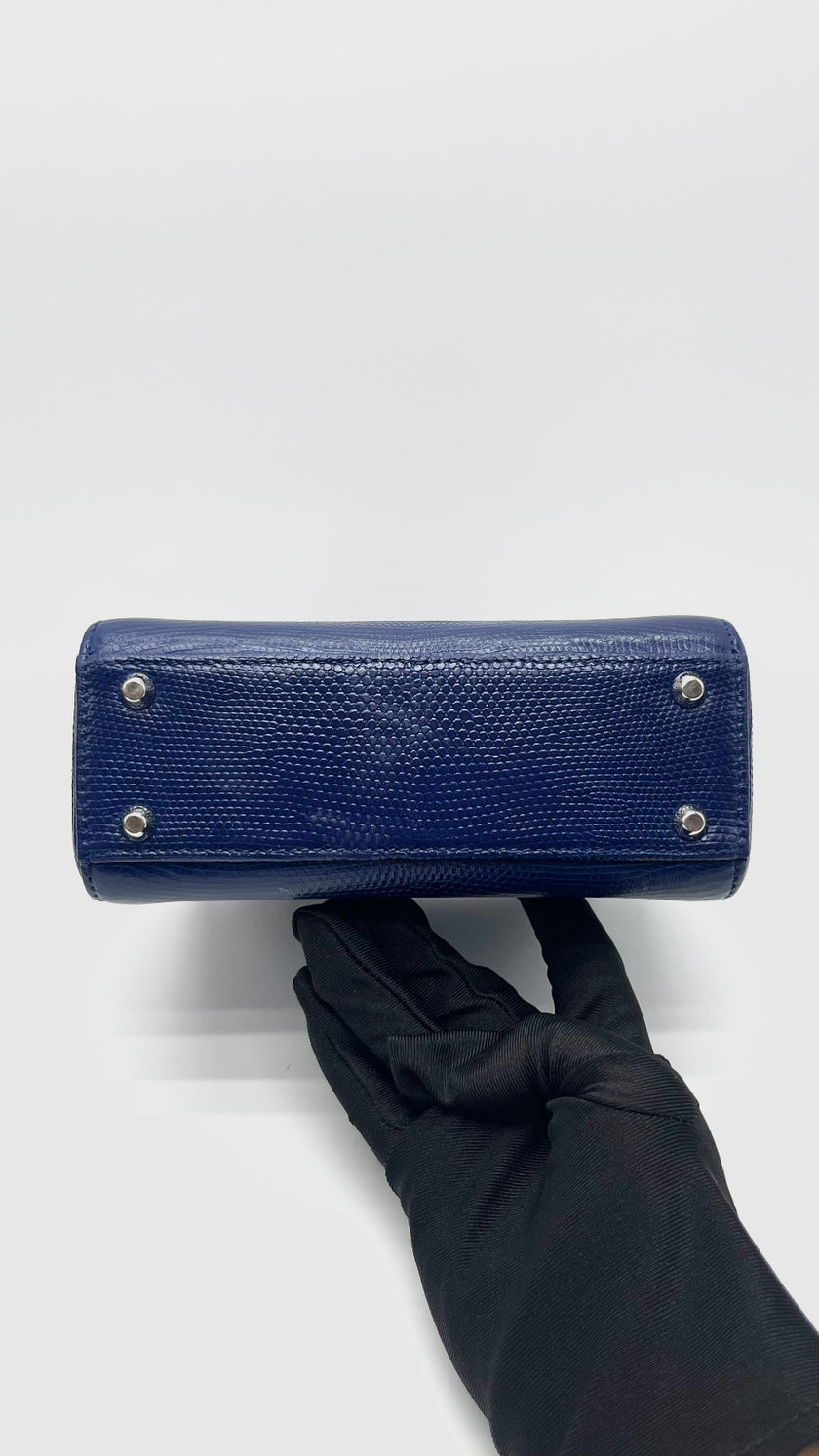 Preowned. Lady dior Mini Lizard Blue With Silver Stone Crystal SHW. 02MA0189|16626