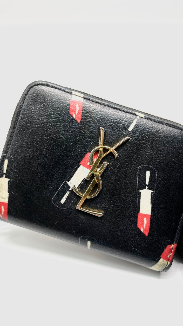 Preowned. YSL Lipstick Pattern Zip Wallet Black GHW|9602