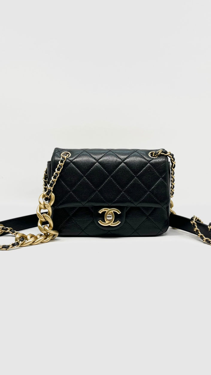 Preowned. Chanel Mini Square Flap Black Calfskin GHW. XJ2X9N68|14168