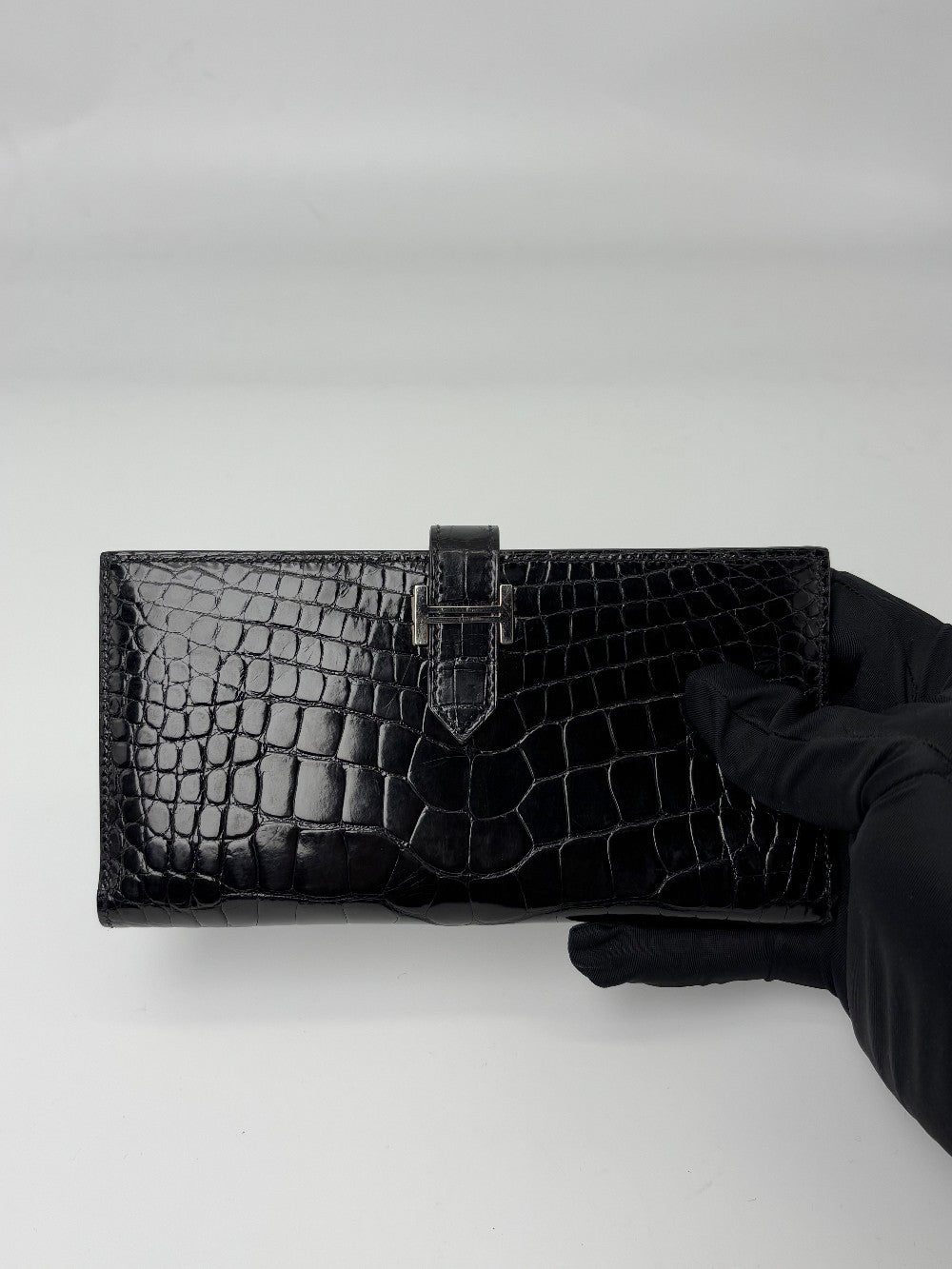 Preowned. Hermes Bearn Wallet Croc Black. Q|6965