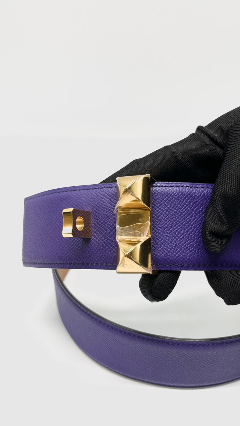 Preowned. Hermes Medor Belt Ultraviolet Epsom GHW 90. QHS|9948