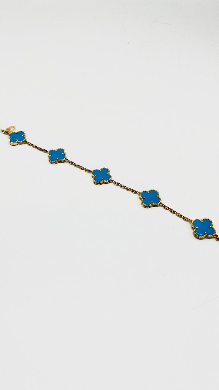 Brand New. HK Setting VCA Vintage Turquoise 5 Motifs Bracelet 18K YG|13486