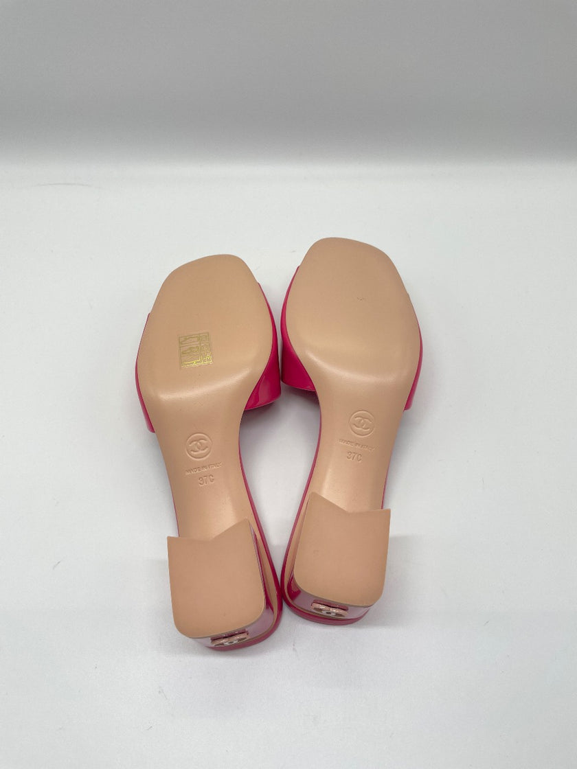 Brand New. Chanel Mules Block Heel Patent Pink. 37|9178