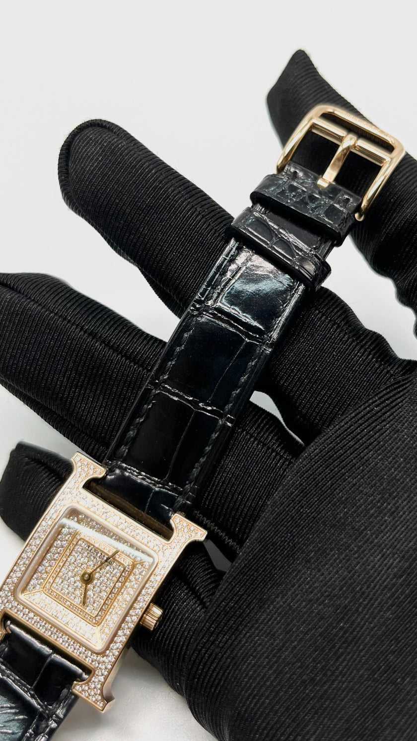 Preowned. Hermes H Watch Rosegold Croc w/ Diamonds|5717