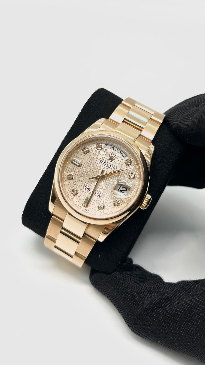 Preowned. Rolex Daydate Pink Computer Dial With Diamonds Full RG Oyster Bracelet 36 MM 14 Links|14362