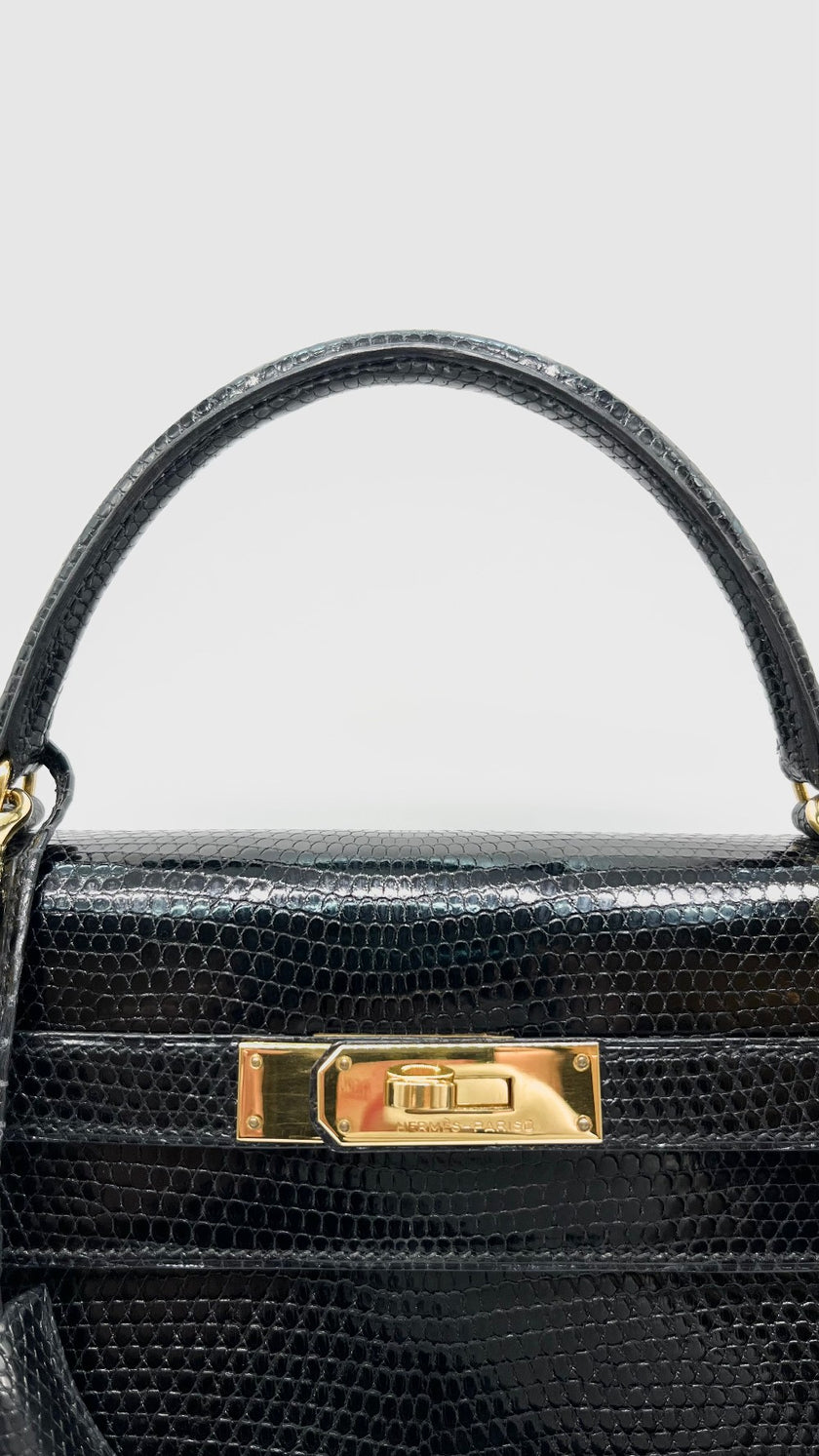 Preowned. Hermes Kelly 32 Noir Lizard GHW. U Circle R|11222